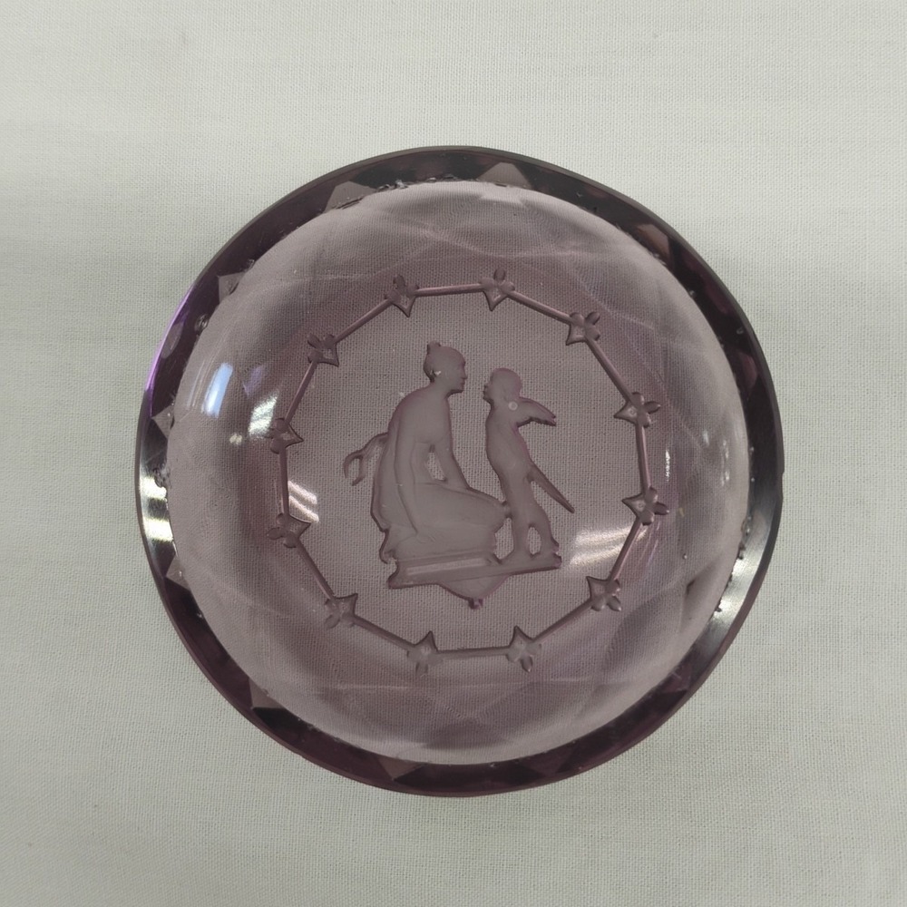 Heinrich Hoffman Czech Amethyst Butter Pat Salt‎ Trinket Dish Intaglio Cupid